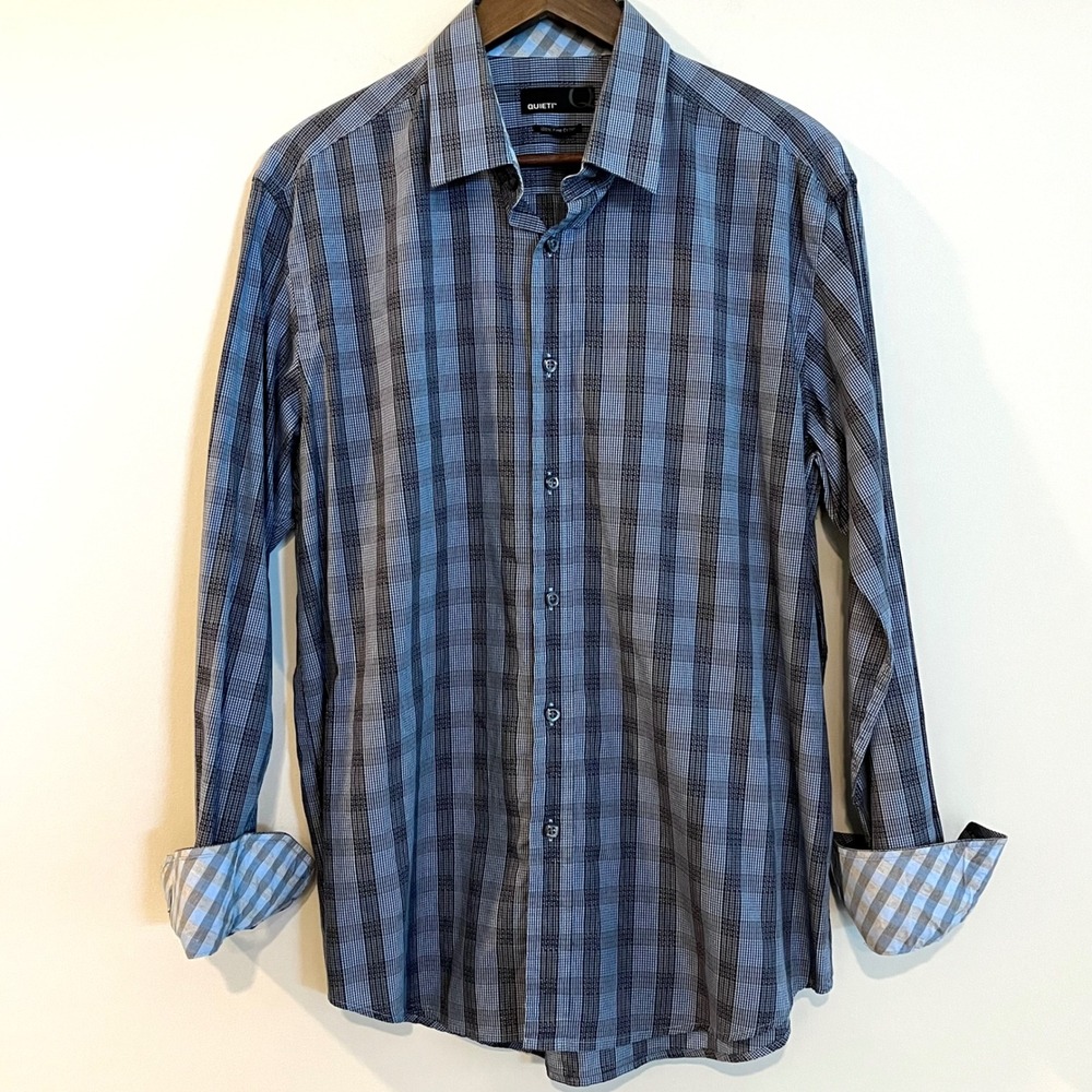 Quieti Mens Blue Black Plaid Cotton Button Down Shirt Long Sleeve L
